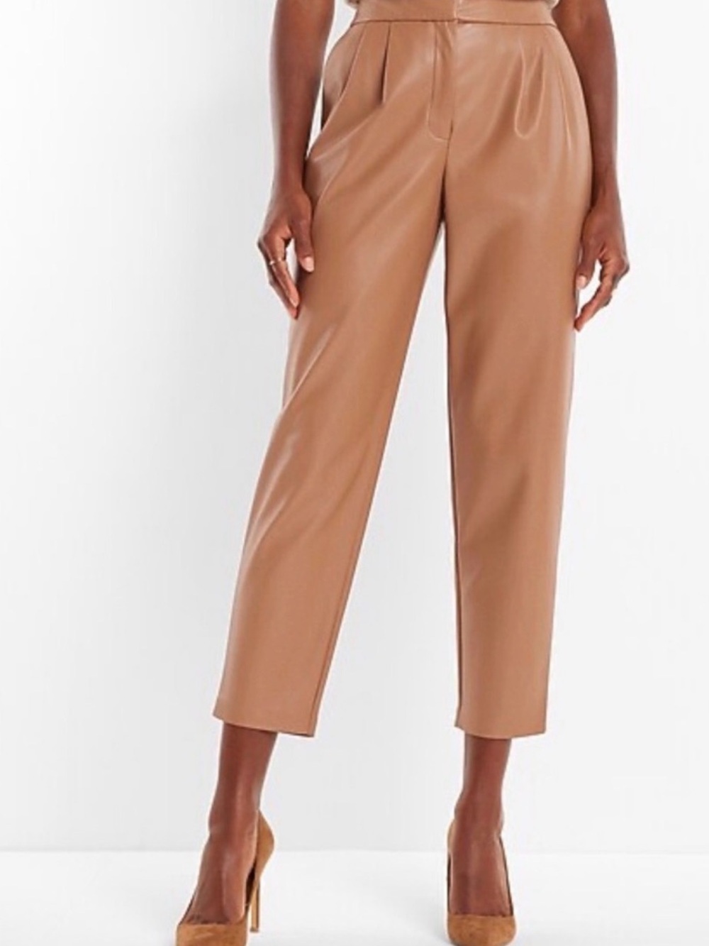 Cognac Faux Leather super High-Waist ankle pants.